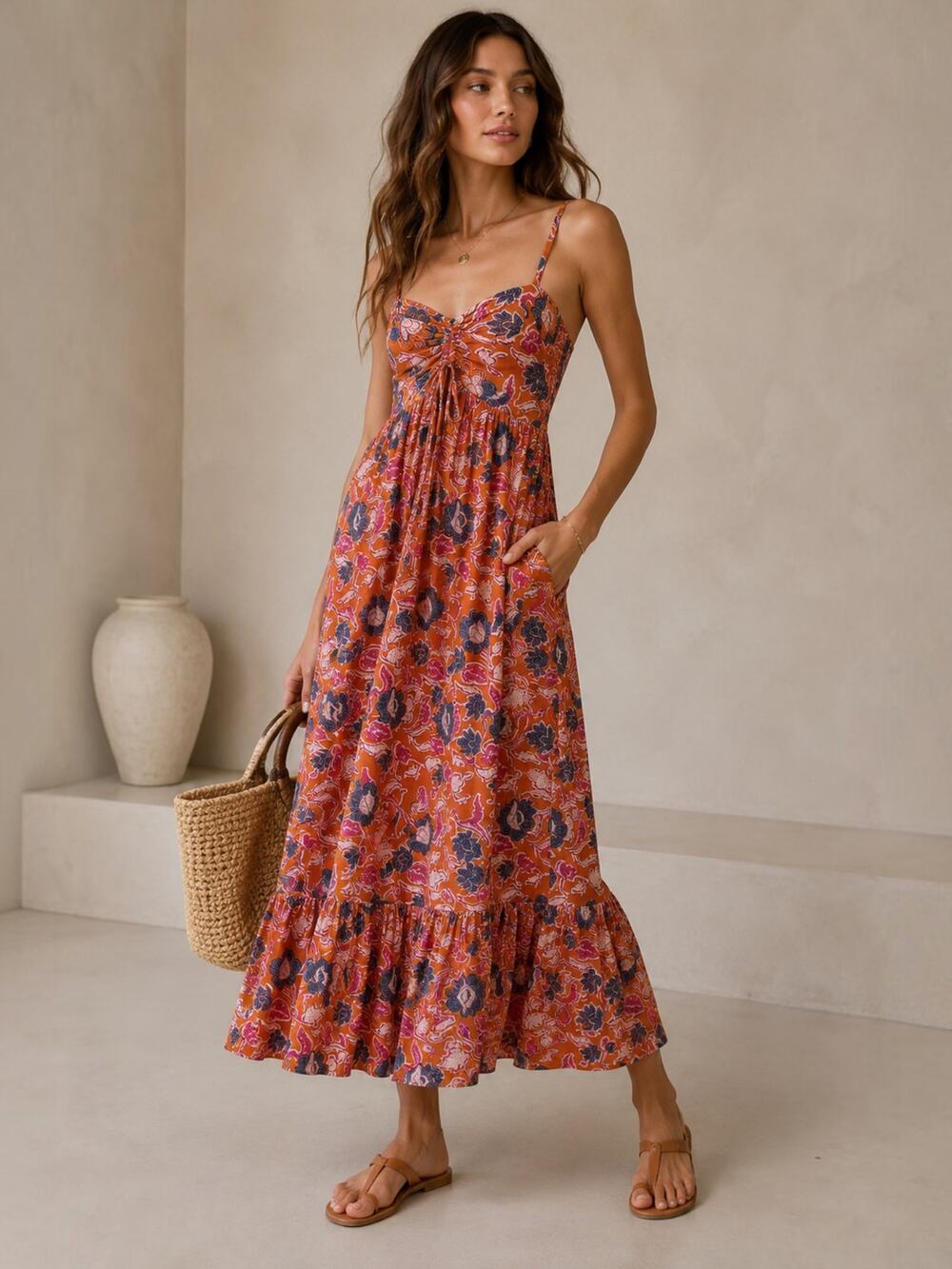 Cleobella Oliana Organic Cotton Floral Midi Dress Orange Tropique Size S
